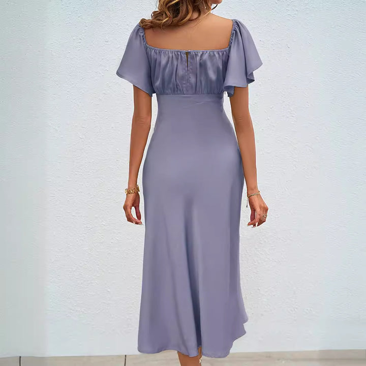 Women's midi dress with voluminous ruffle details and side slit Lisslune