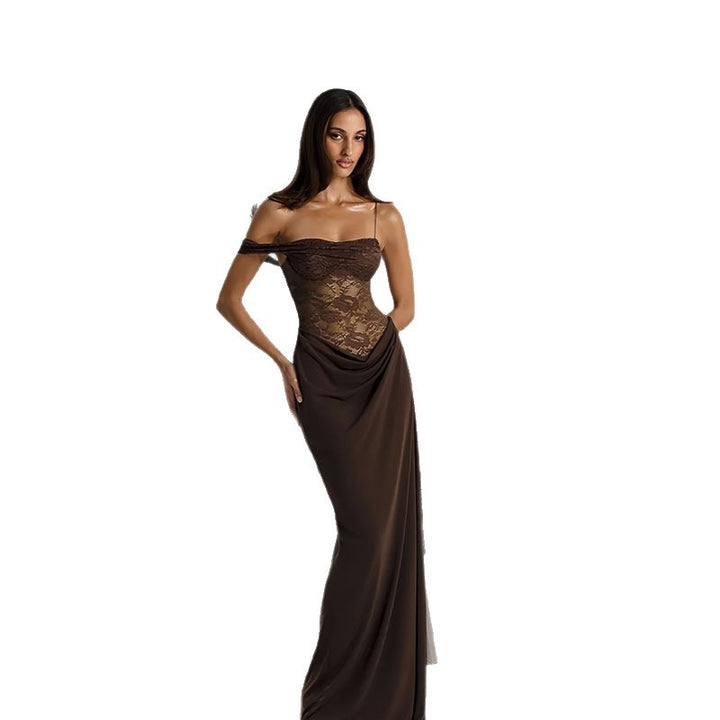 Ladies evening dress with off-shoulder lace top and flowing skirt Lisslune
