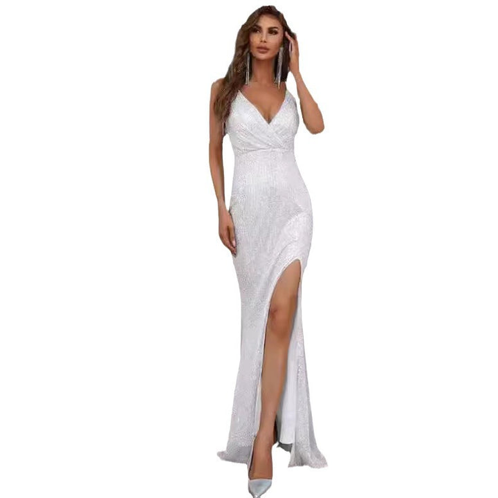 Women Glittering Evening Dress with Deep V-Neck and Elegant Slit