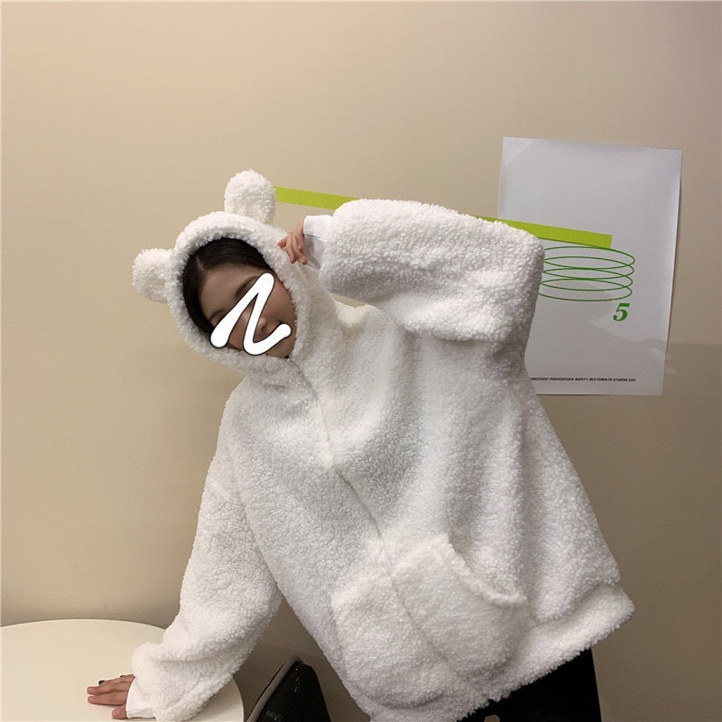 Women's cozy fleece jacket with ears and practical side pockets Lisslune