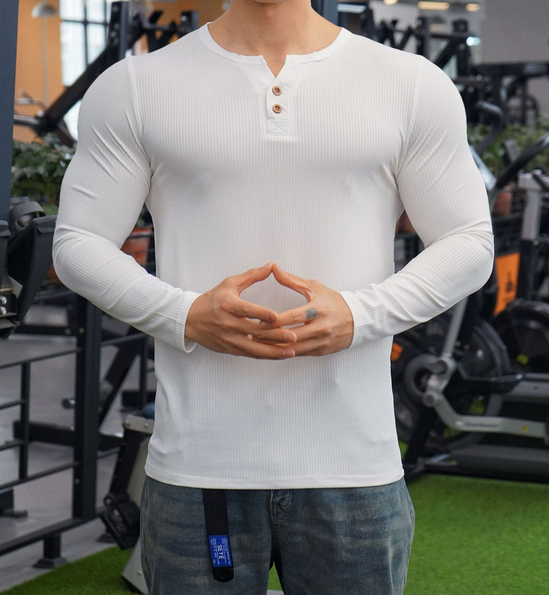 Men's Long Sleeve Henley Shirt with Textured Rib Design Lisslune