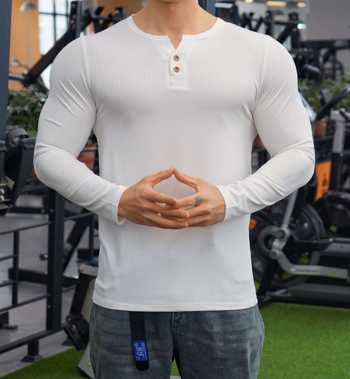 Men's Long Sleeve Henley Shirt with Textured Rib Design Lisslune