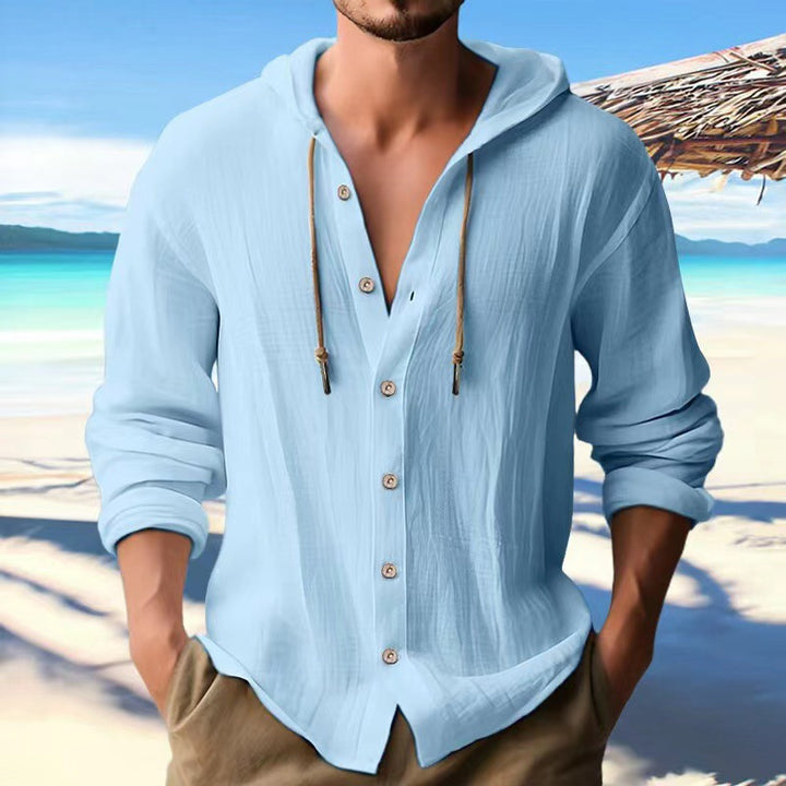 Men's casual hoodie blouse with button placket and side drawstring Lisslune