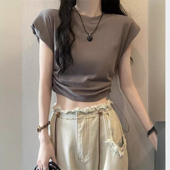 Women's Cropped T-Shirt with adjustable drawstring and trendy puff sleeves