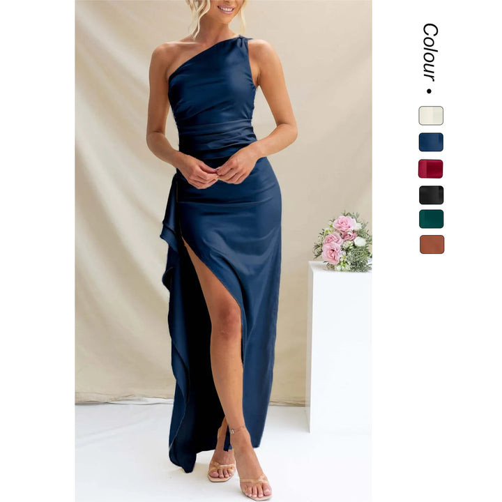 Women's One-Shoulder Maxi Dress with Side Slit and Elegant Draping