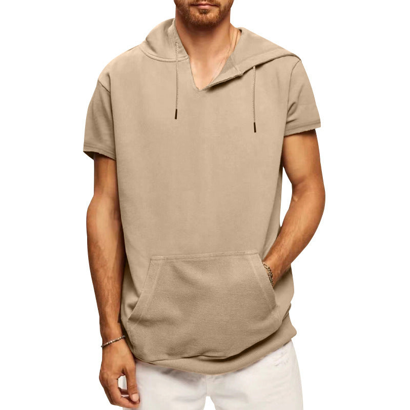 Men's Short Sleeve Hoodie with Practical Kangaroo Pocket Lisslune