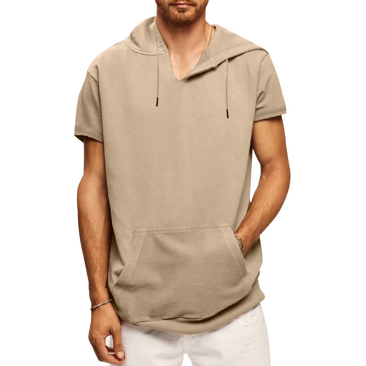 Men's Short Sleeve Hoodie with Practical Kangaroo Pocket Lisslune