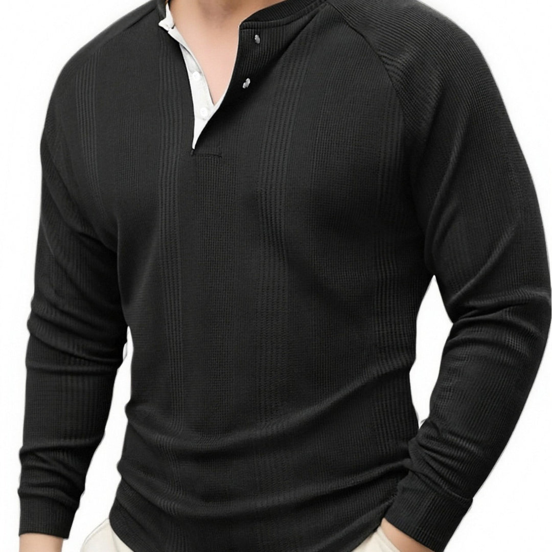 Men's Long Sleeve Henley Shirt with Textured Surface Lisslune