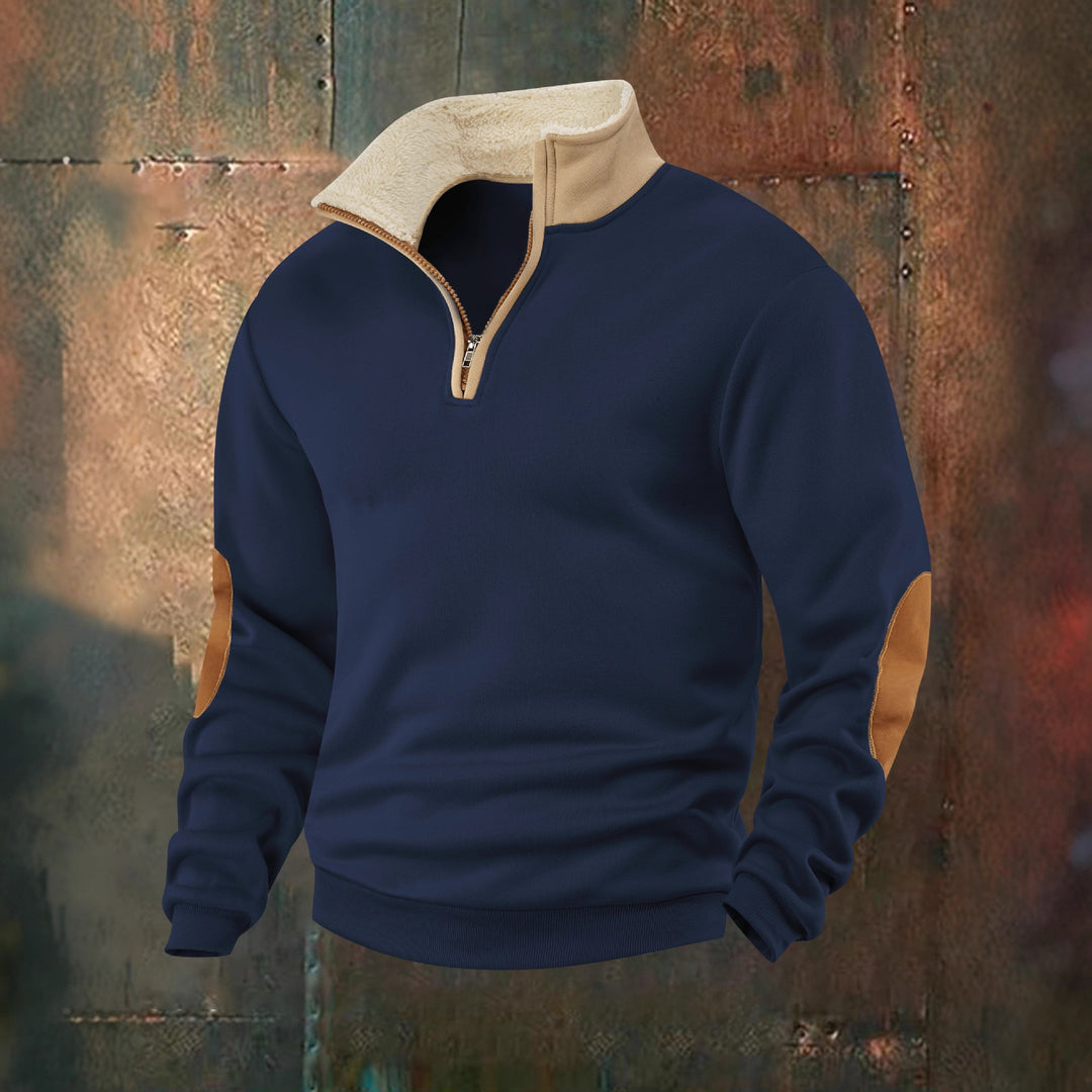 Men's fleece pullover with high collar and fashionable leather appliqués Lisslune