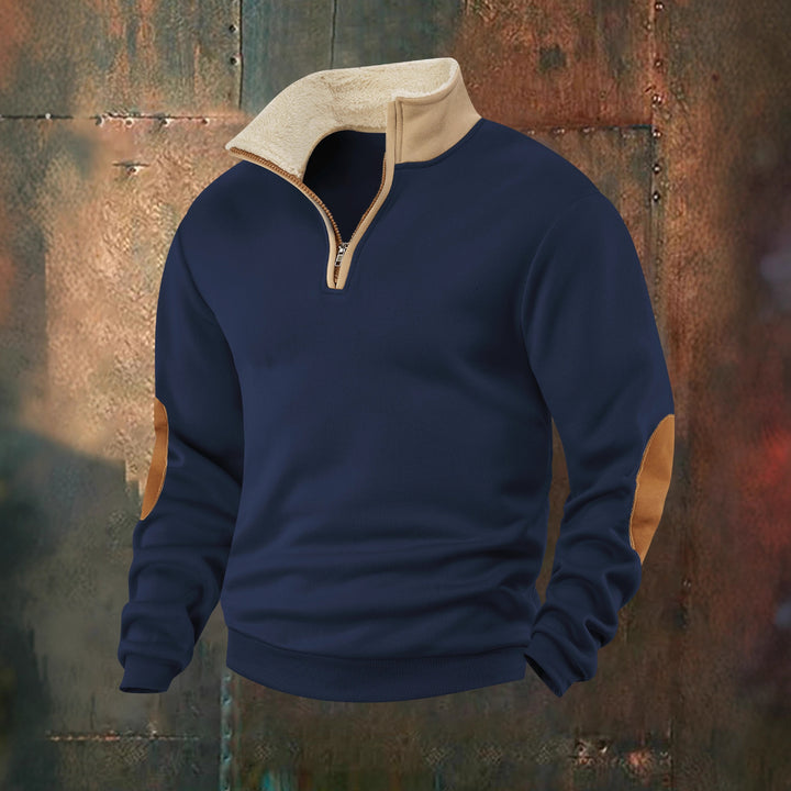Men's fleece pullover with high collar and fashionable leather appliqués Lisslune