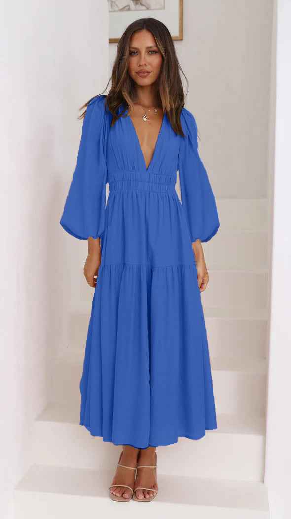 Women's long-sleeve maxi dress with deep V-neck and wide skirt Lune London