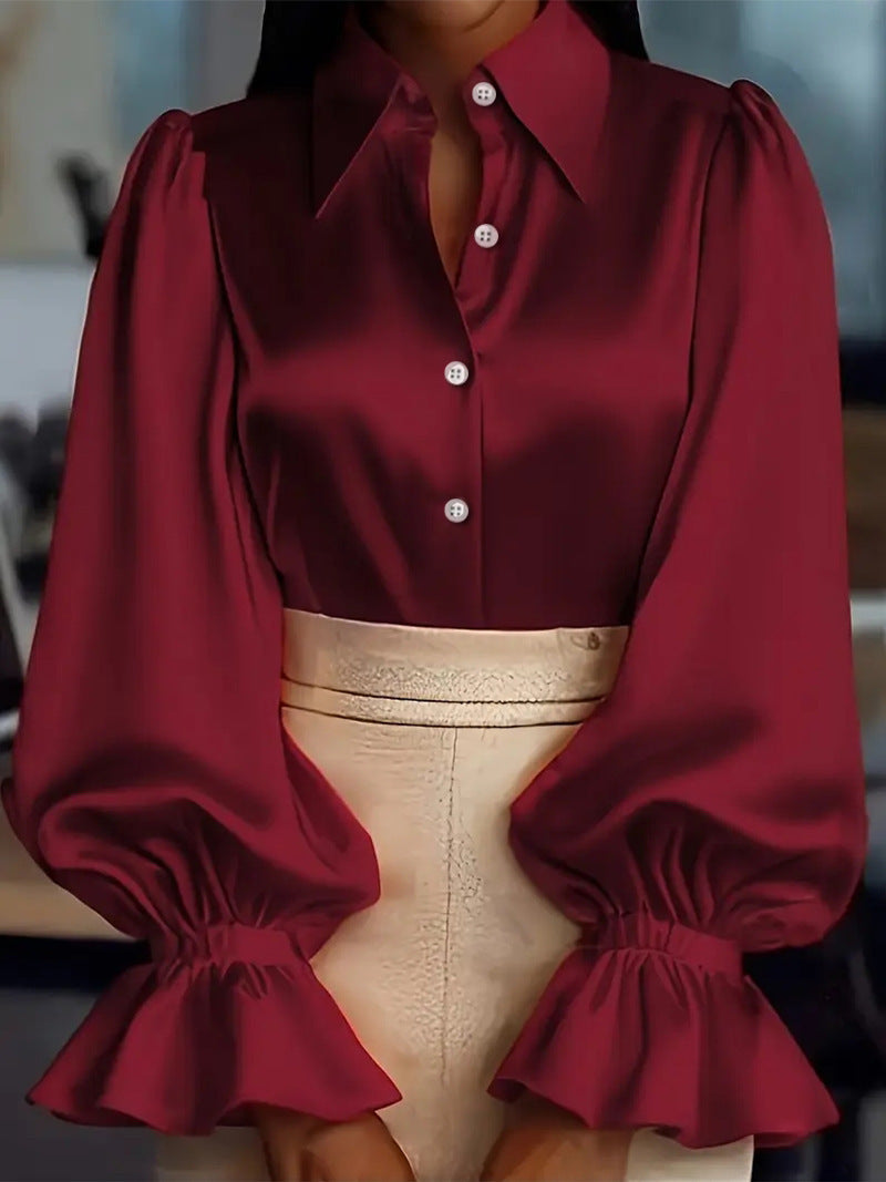 Damen elegante Seidenbluse mit Puffärmeln und schicker Knopfleiste Lisslune