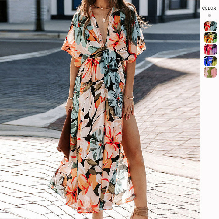 Women's maxi dress with floral wrap design and deep V-neck
