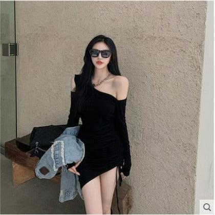 Women's Elegant Mini Dress with Asymmetrical Neckline and Figure-Hugging Gathering Effect