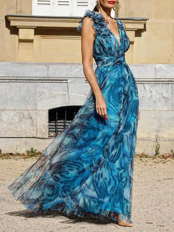 Ladies Elegant Maxi Dress with Delicate Ruffle Details and Opaque Chiffon Lisslune