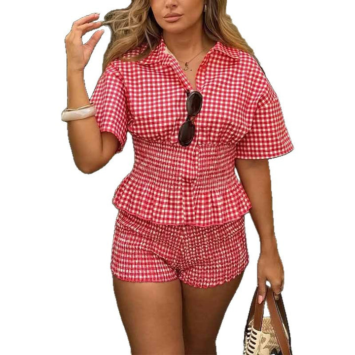 Women Two-Piece Check Pattern Set with Tailored Blouse and Sporty Shorts Lisslune
