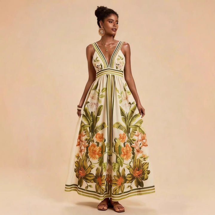 Women's maxi dress with deep V-neckline and floral design