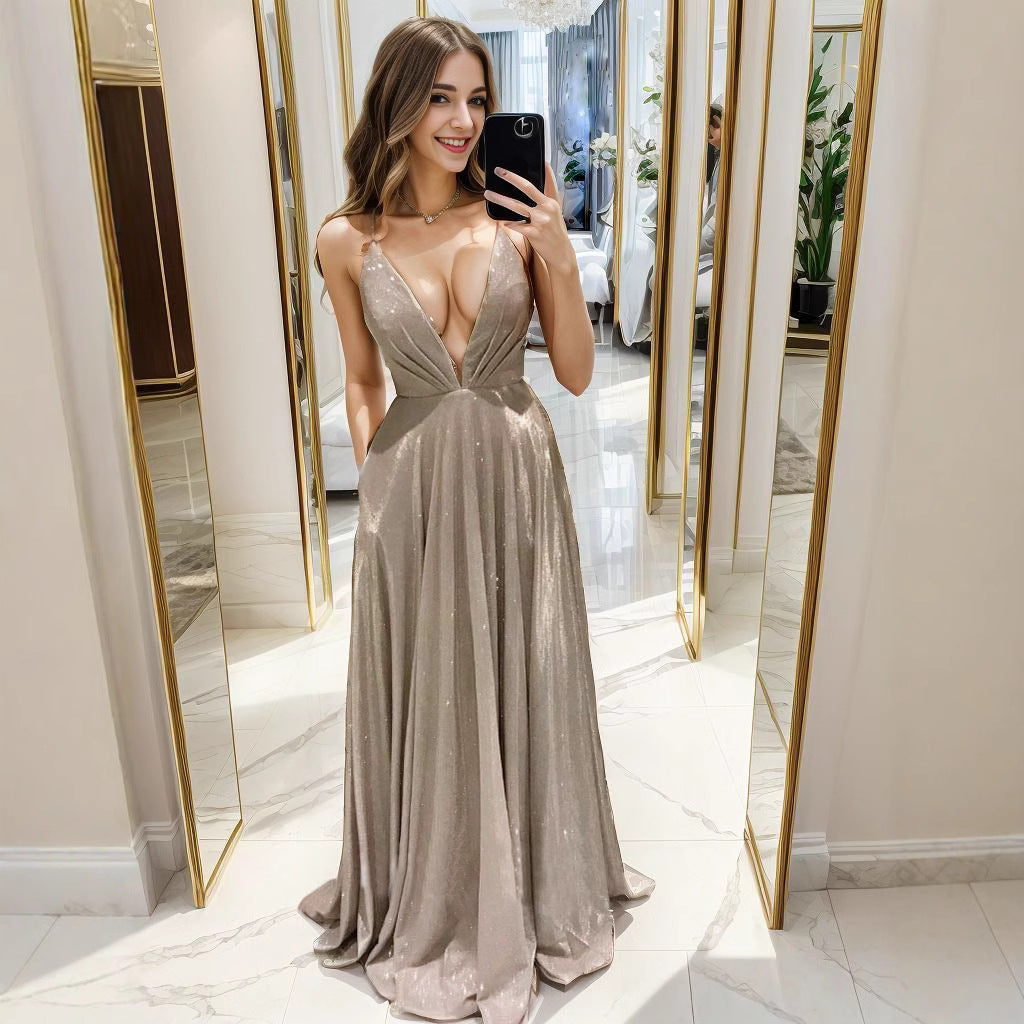 Ladies Glamorous Evening Dress with V-Neck and Shimmering Design Lisslune