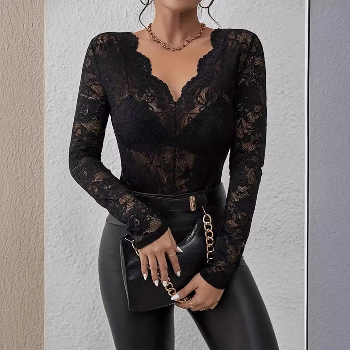 Women Elegant Lace Blouse with V-Neck and Long Sleeves Lisslune