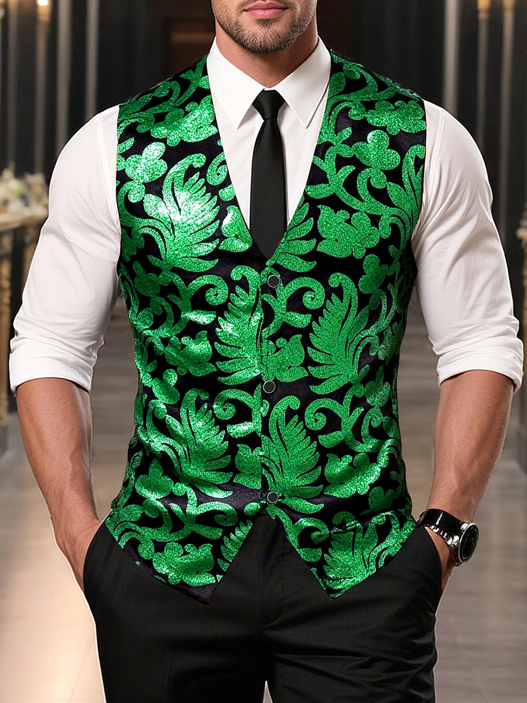 Men's Elegant Sequin Waistcoat with Floral Design Lisslune