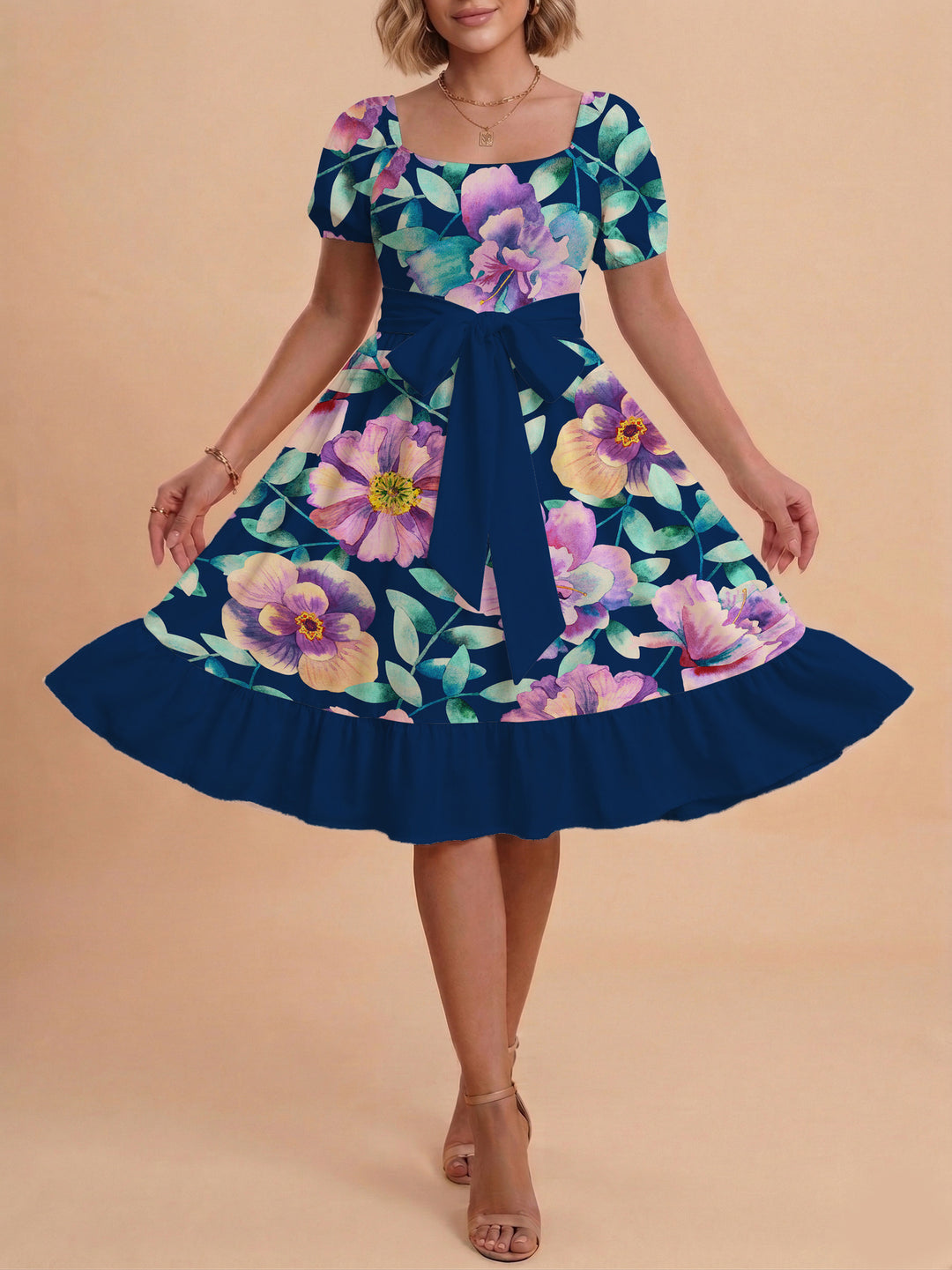 Women's floral dress with adjustable belt and voluminous sleeves Lisslune