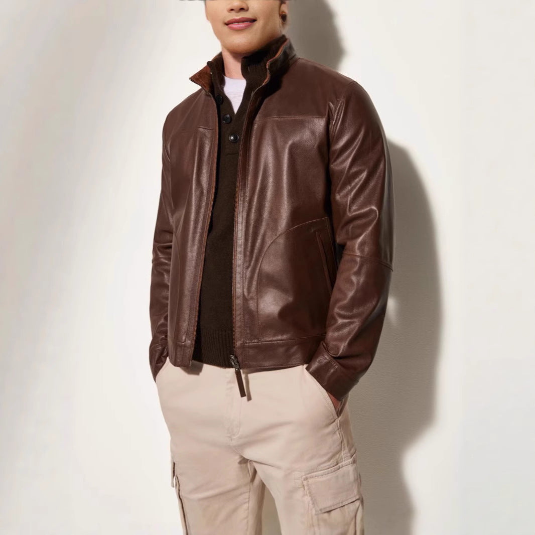 Men's leather jacket in a modern cut with textured outer material Lisslune