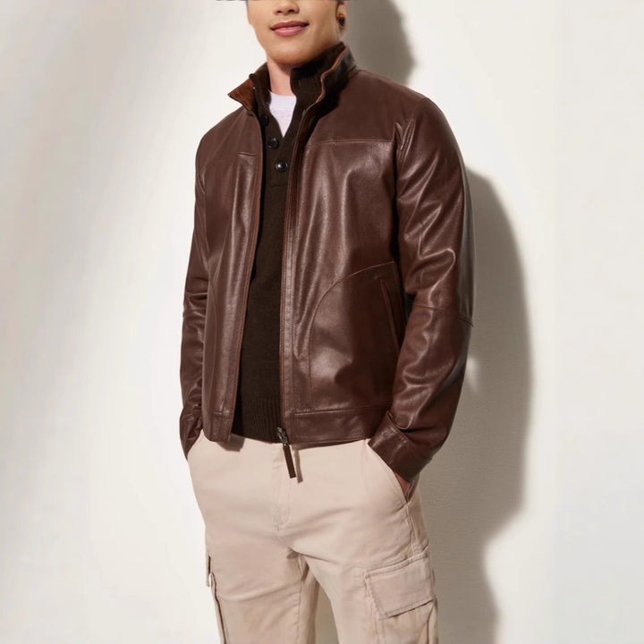 Men's leather jacket in a modern cut with textured outer material Lisslune