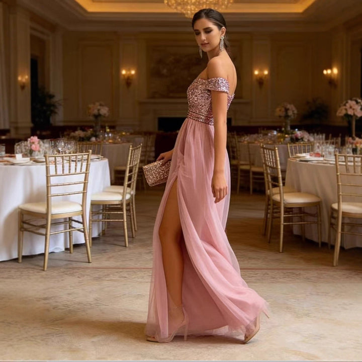 Ladies Elegant Evening Dress with Strapless Design and Sparkling Appliqués Lisslune