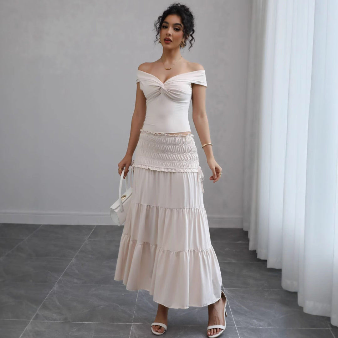 Ladies Off-Shoulder Maxi Dress with Ruffled Skirt and Romantic Design