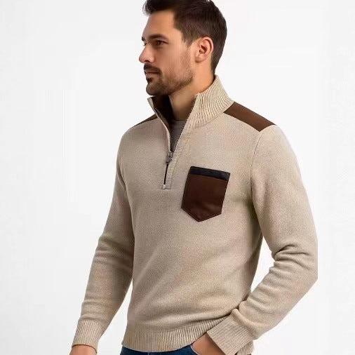 Men's Stand Collar Sweater with Contrasting Details and Practical Pockets Lisslune