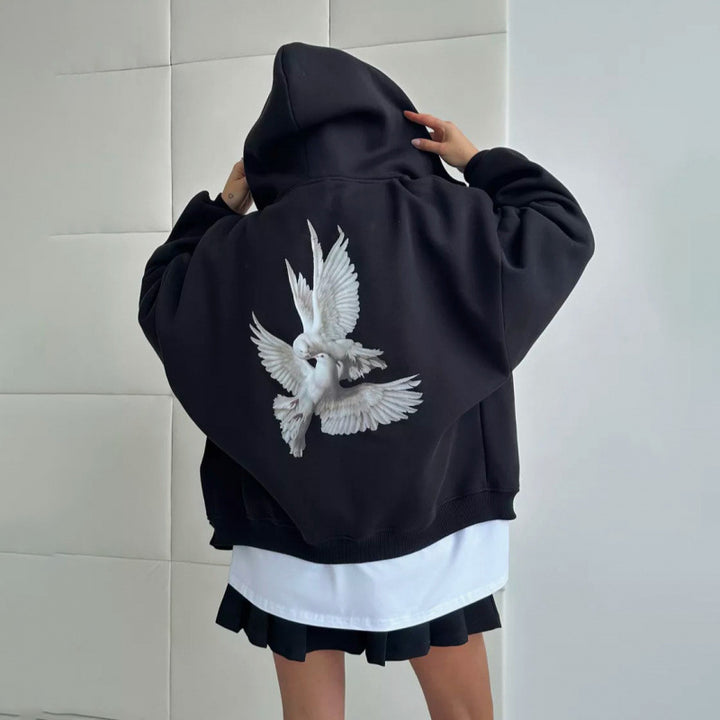 Women's hoodie with artistic bird design and relaxed fit Lisslune