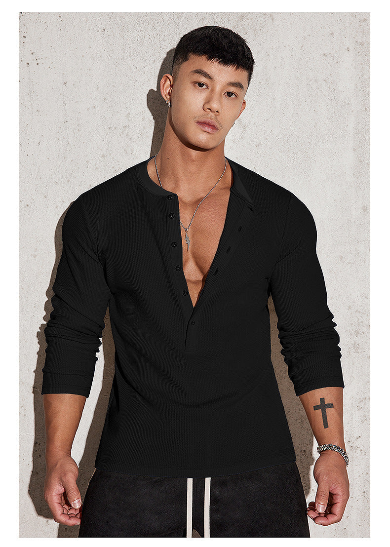 Men's Long Sleeve Henley Shirt with Textured Design Lisslune