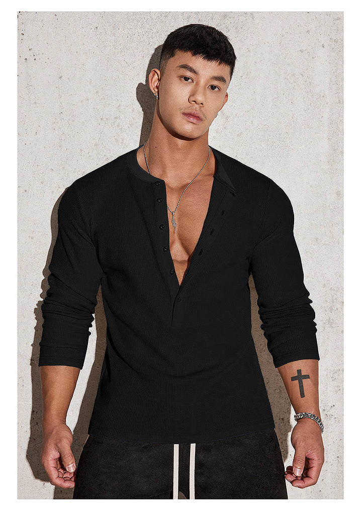 Men's Long Sleeve Henley Shirt with Textured Design Lisslune