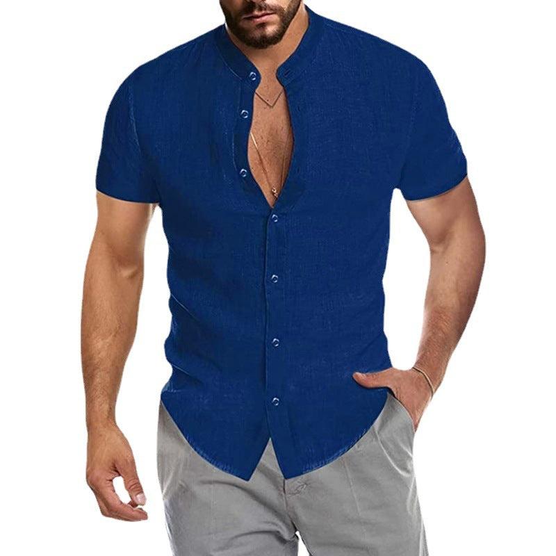 Men's short-sleeve shirt with modern stand-up collar and sophisticated button detail Lisslune