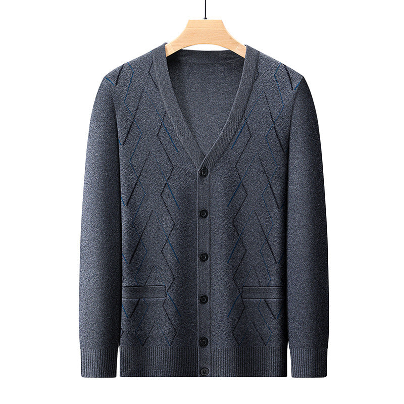 Men's Cardigan with Deep V-Neck and Elegant Diamond Pattern Lisslune