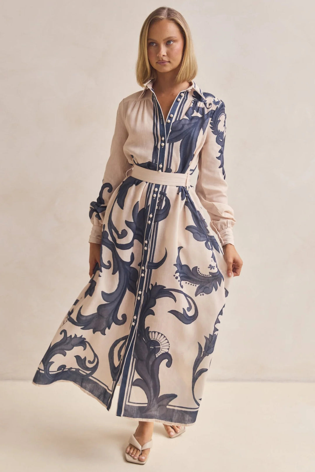 Ladies long sleeve shirt dress with floral accents and waist belt Lune London