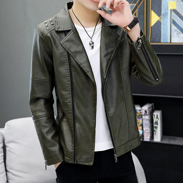 Men's fashionable synthetic leather jacket with decorative studs and zipper Lisslune