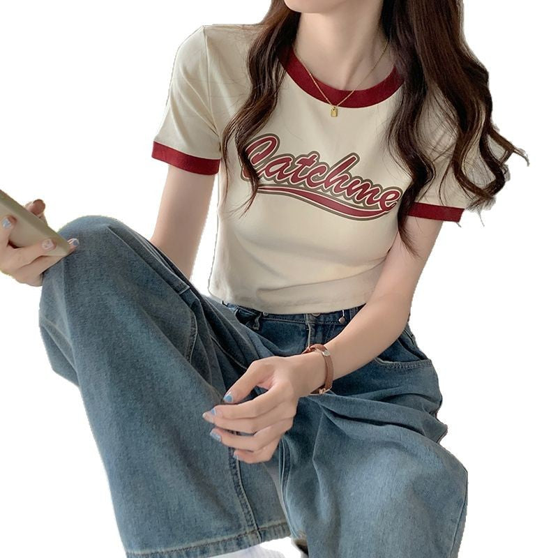 Women’s Casual Crop Top with Contrasting Sleeves and Creative Print Lisslune