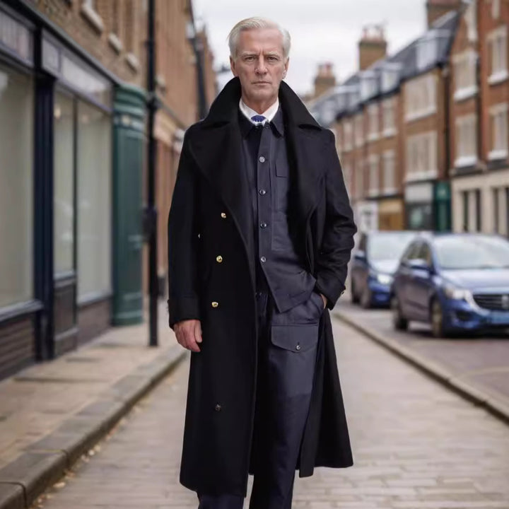 Men's elegant long coat with double-breasted button row and wide lapels Lisslune