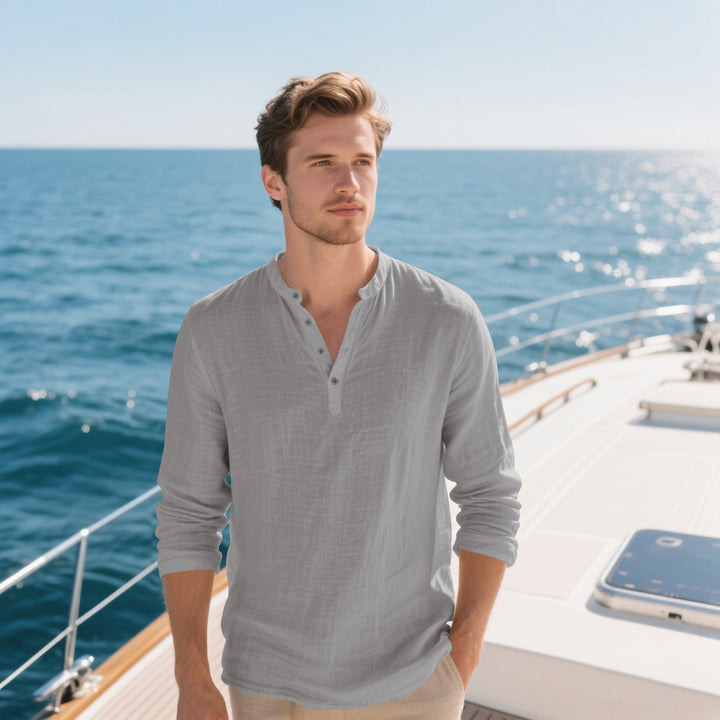 Men's elegant long-sleeve shirt with fashionable standing collar and structured surface Lisslune
