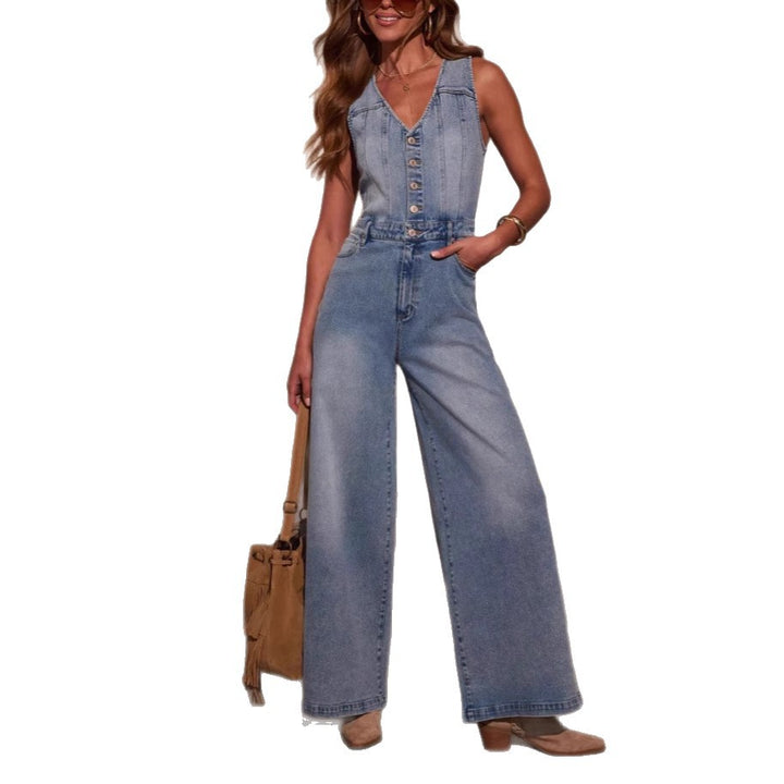 Women's Wide Cut Jeans Jumpsuit with Button Placket and Deep V-Neck