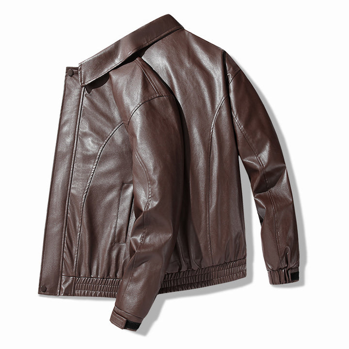 Men's Synthetic Leather Jacket with Elastic Waistband and Practical Side Pockets Lisslune
