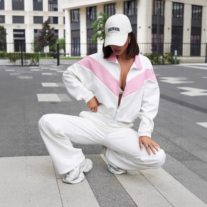 Women's sporty fleece set with high collar zipper and loose fit Lisslune
