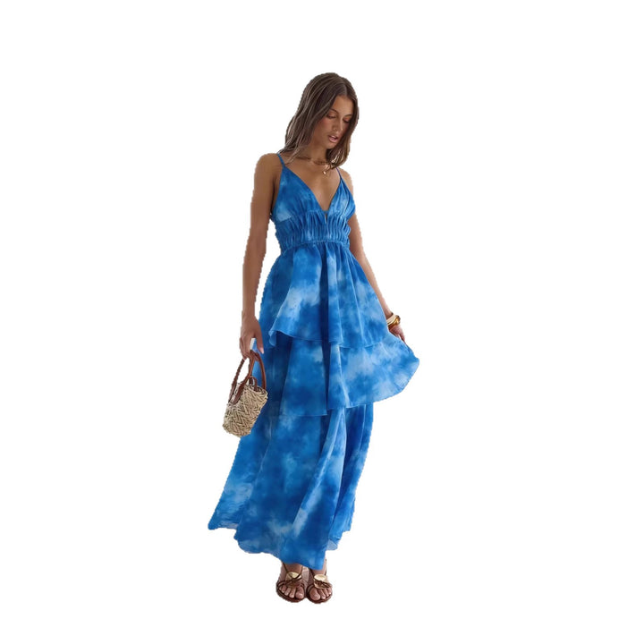 Women’s maxi dress with voluminous ruffle layers and V-neck