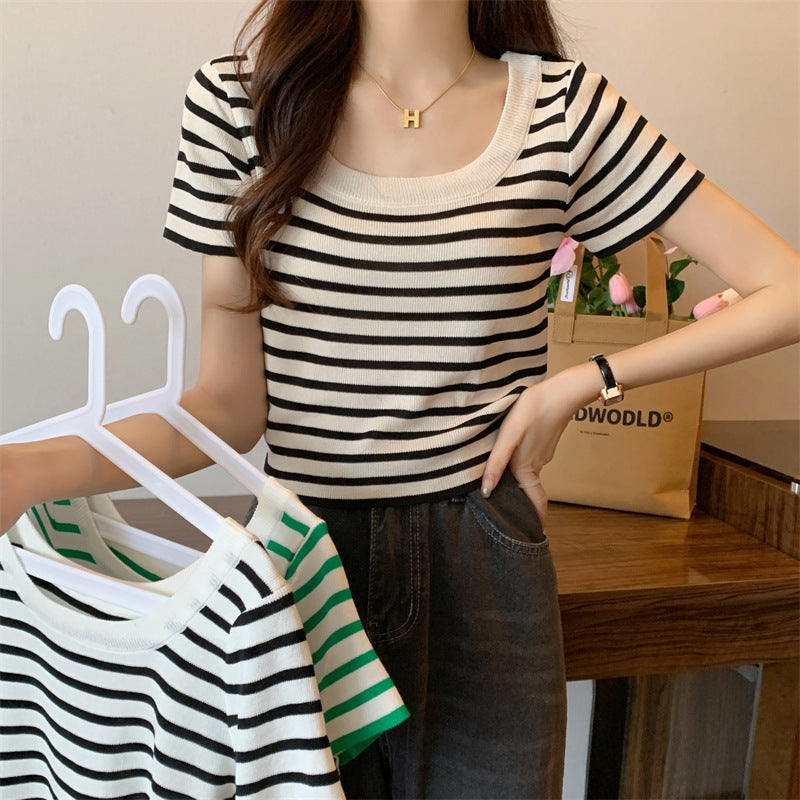 Women's cropped striped top with modern knot design and elastic hem Lisslune