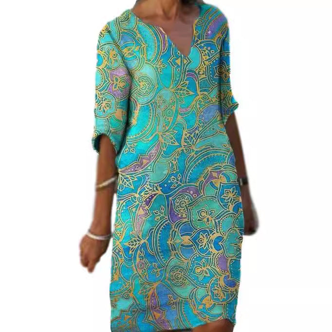 Women's casual light dress with elegant V-neck and colorful pattern