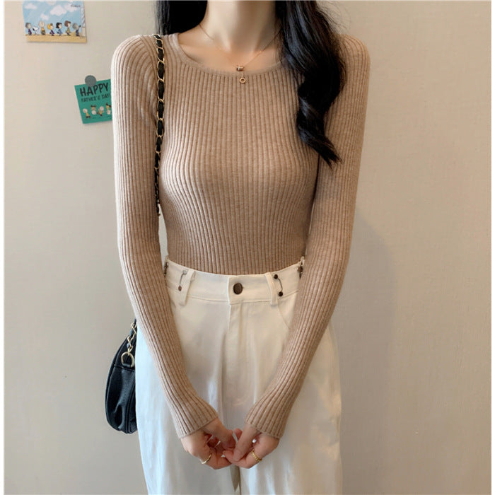 Women's Long Sleeve Ribbed Top with a Figure-Hugging Cut and Modern Cuffs