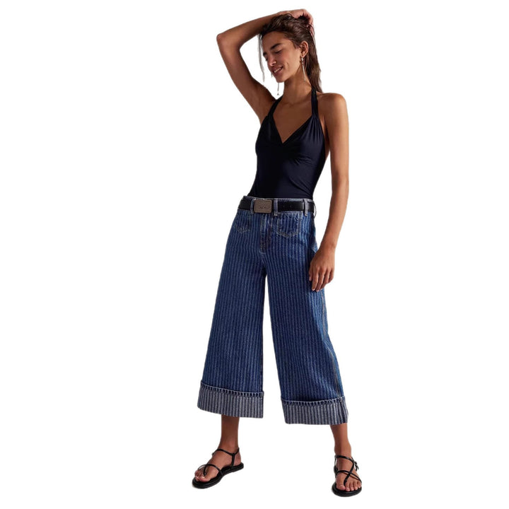 Women Elegant wide cut jeans with sewn-on stripes Lisslune