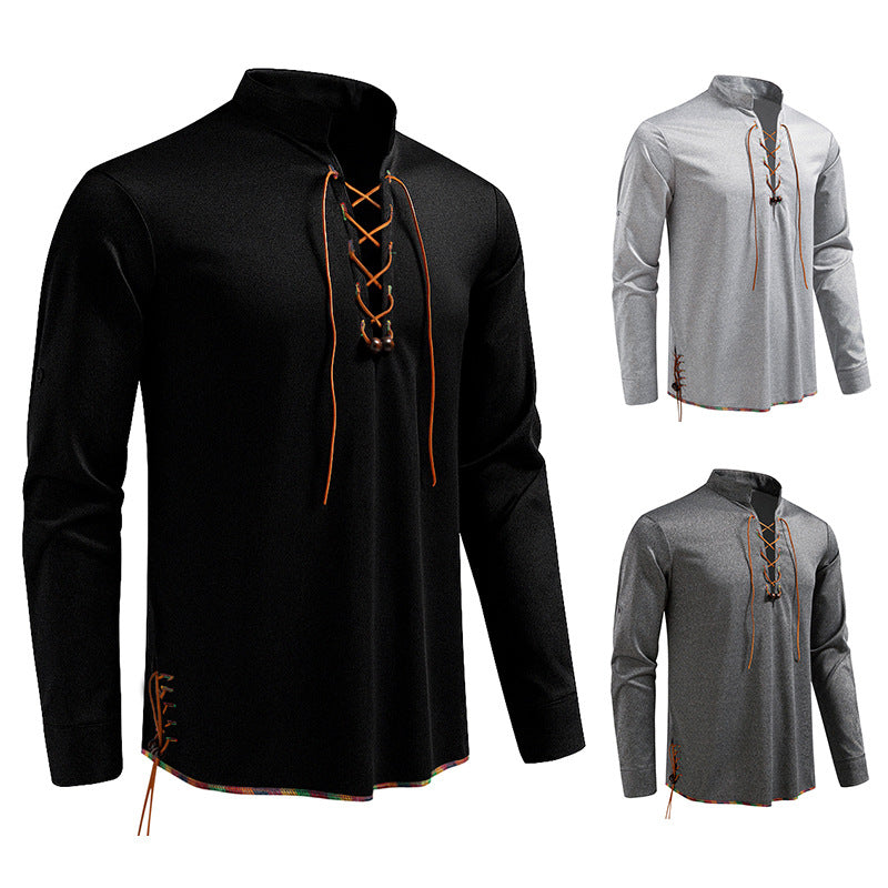 Men's Long Sleeve Shirt with Drawstring and Stand-Up Collar Lisslune