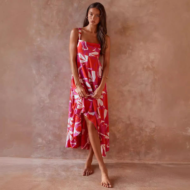 Women's maxi dress with vibrant floral design and flared skirt